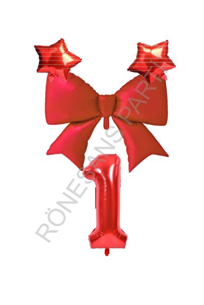 RÖNESANS PARTİ Red Color Star Bow Number Foil Balloon Set 1 Year Old