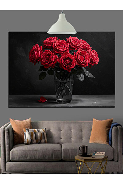 KanvasSepeti Trandafiri roșii în vază Pictură decorativă în ulei Texturată Pâ...