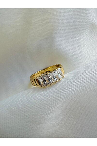 Haziran خاتم نسائي من الفولاذ الذهبي مع خمسة أحجار باجيت، مقاس: 7