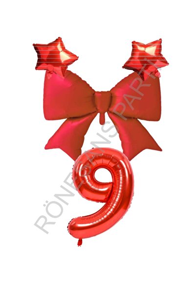 RÖNESANS PARTİ Red Color Star Bow Number Foil Balloon Set 9 Years Old