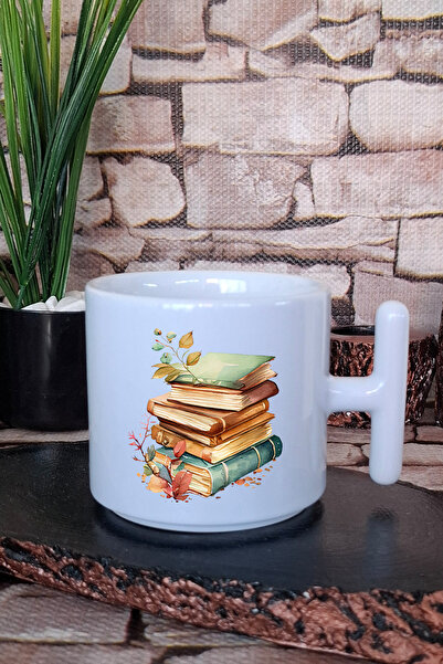 giftkonsept كوب قهوة لاتيه مطبوع عليه كتب ملونة مع مقبض على شكل حرف T