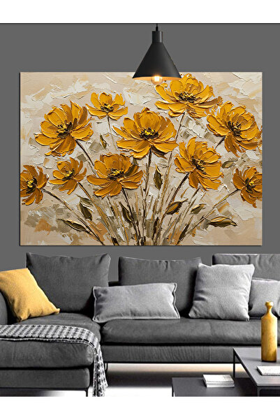 KanvasSepeti Flori galbene în vază Pictură decorativă în ulei Texturată Pânză de înaltă calitate Pictură pe pânză 140 x 70 cm
