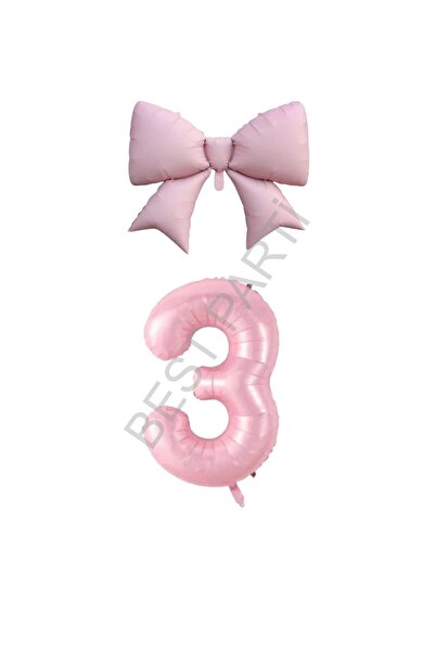 BEST PARTİ DOĞUM GÜNÜ PARTİ SÜSLERİ Pink Color Bow Number Foil Balloon Set Age 3