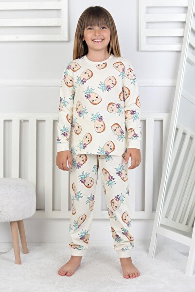 bunny hopp Girl's Pineapple Patterned Pajama Set 100% Cotton Long Sleeve 3-13 Years Old