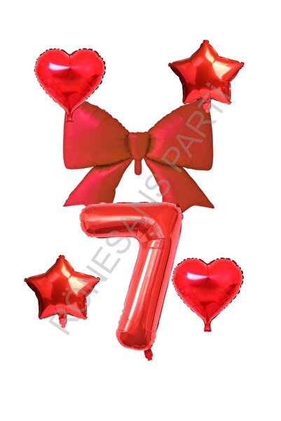 RÖNESANS PARTİ Red Color Heart Star Bow Number Foil Balloon Set Age 7