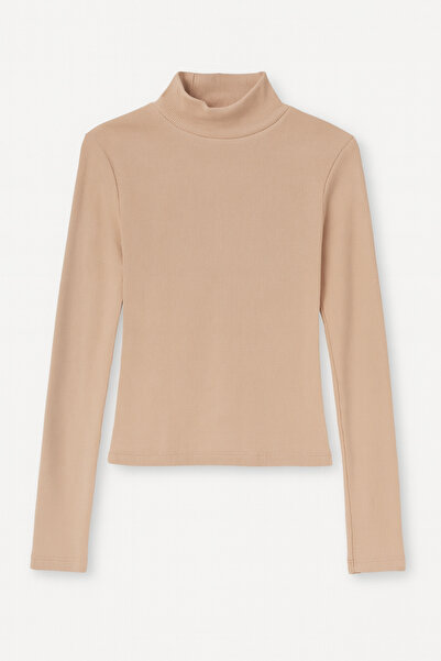 Mixray 4145 Women's Stand Collar Basic Body Blouse Beige