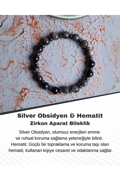 Saff Doğal Taş سوار من الأوبسيديان الفضي والهيماتيت والزركون