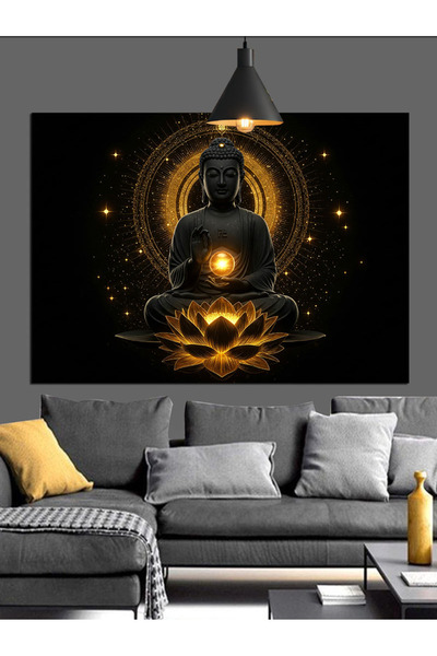 Artmeg Altın Işıklı Meditasyon Buda Dekoratif Kanvas - Mdf Ahşap Tablo