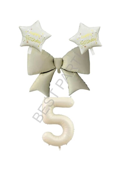 BEST PARTİ DOĞUM GÜNÜ PARTİ SÜSLERİ Cream Color Star Bow Number Foil Balloon ...