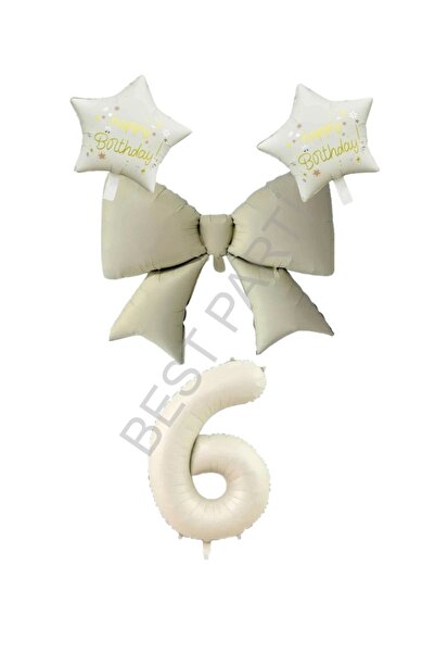 BEST PARTİ DOĞUM GÜNÜ PARTİ SÜSLERİ Cream Color Star Bow Number Foil Balloon ...