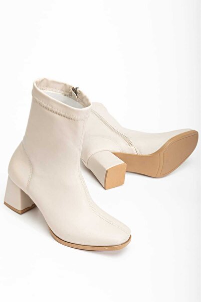 Zaza moda Women's Beige Stretch Ankle Medium Heel Boots