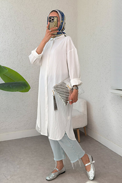 zhrcelebi Striped Long Hijab Tunic 613129 - White