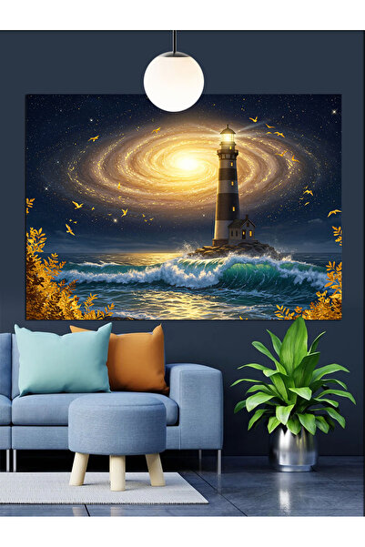 Artmeg Galaksi Işıklı Deniz Feneri Dekoratif Kanvas - Mdf Ahşap Tablo