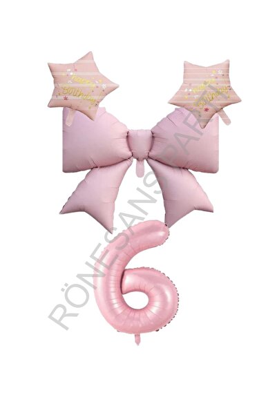 RÖNESANS PARTİ Pink Color Star Bow Number Foil Balloon Set Age 6