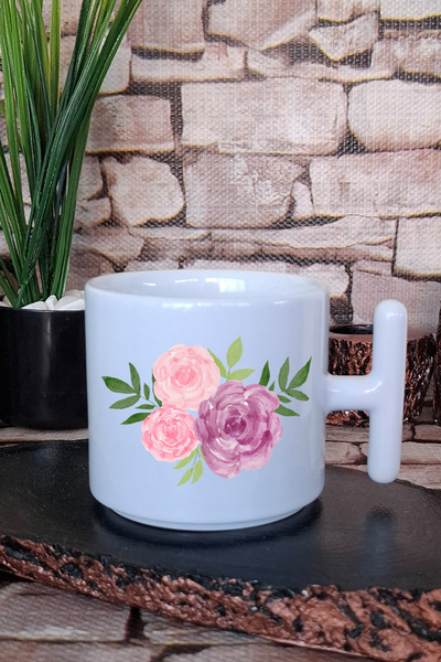 giftkonsept Minimalist Pink and Purple Rose Printed t Handle Latte Cup Mug Cup