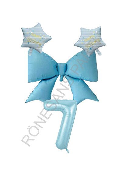 RÖNESANS PARTİ Blue Color Star Bow Number Foil Balloon Set 7 Years Old