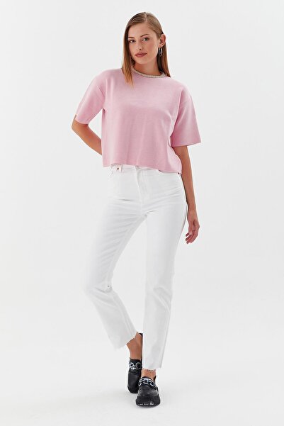 Shopping Shop Tricotaj cu mânecă scurtă cu guler cu pietre PINK