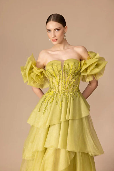 Kenzel İşleme Detaylı Kabarık Uzun Elbise