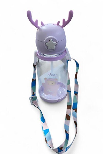 GÜZELYÜZ AVM Geyik Model Mor Şeffaf Pipetli Matara 500ml | Askı İpli Su Matar...