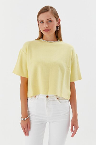 Shopping Shop Yakası Taşlı Kısa Kol Triko Kazak SARI