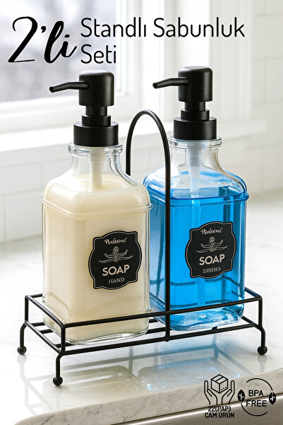Nandy Home 2'li Set Standlı Cam Sabunluk - Deterjanlık, Sıvı Sabunluk - El Sa...