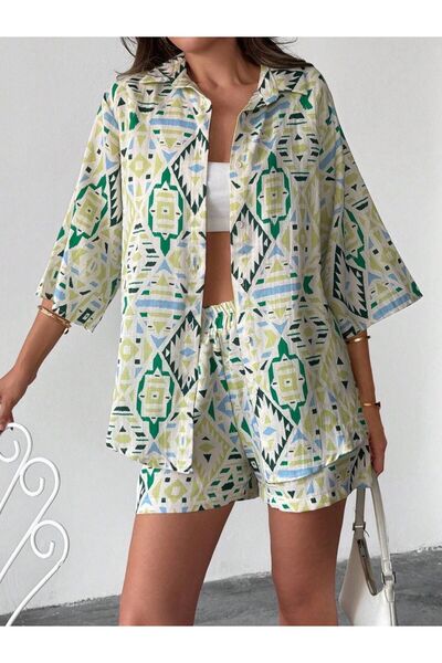 mass fashion Kadın Şort Ve Gömlek Keten Takım