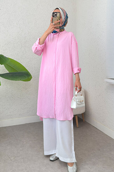 Salih Çelebi Çizgili Uzun Tesettür Tunik 613129 - PEMBE