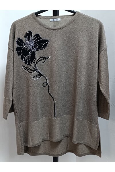 AKŞEN GİYİM Plus Size Glitter Knitted Stone Embroidered Three Quarter Sleeve Mercerized Blouse Suitable for Sizes 42-44-46-48
