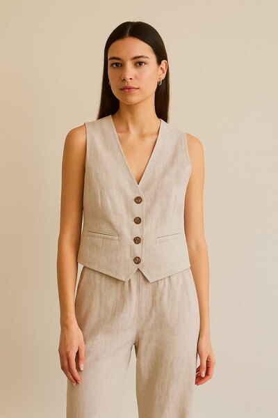 ARİNNASİDE Linen Blended Buckle Detailed Buttoned Vest