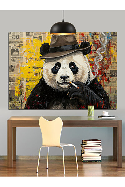 Artmeg Panda fumător cu pălărie, tablou decorativ din pânză - Tablou din lemn...