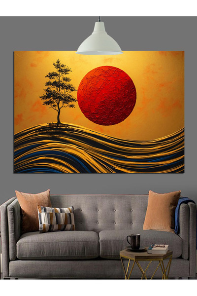 KanvasSepeti Soare roșu și copac, pictură decorativă în ulei, texturată, de î...