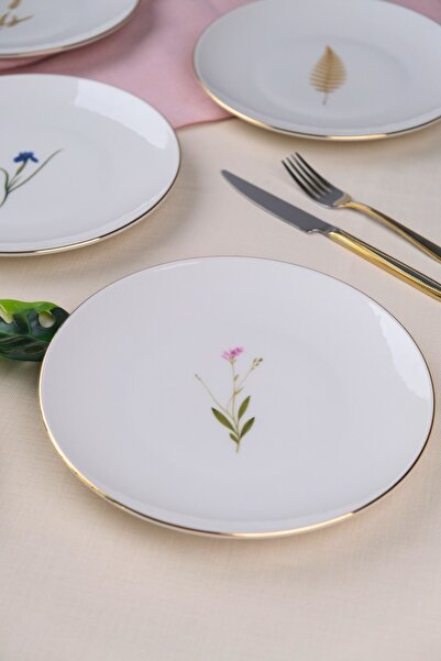 tabakevi Tabak Evi Porcelain Natura Mixed Gold Gilded Cake Plate 20.50cm Set of 6