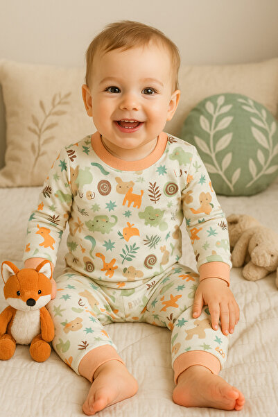 mini mia %100 Pamuklu 6-24 Ay Bebek Pijama Takımı – Orman Hayvanları Desenli, Uzun Kollu