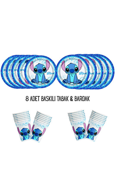 HAPPYLOOPPARTY Stitch Lilo & Stiç Tema Uyumlu Baskılı 8 Kişilik Tabak , Barda...