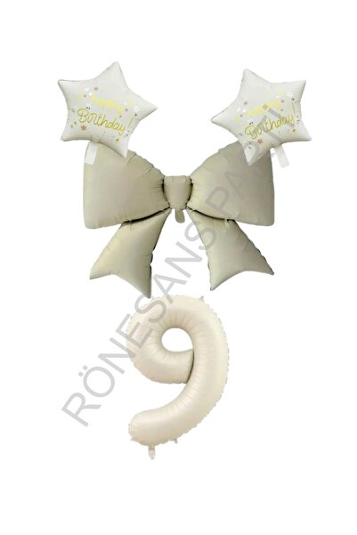 RÖNESANS PARTİ Cream Color Star Bow Number Foil Balloon Set Age 8