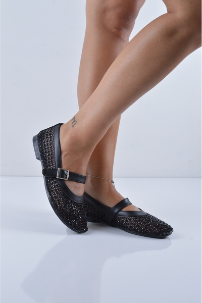 Şanslı Ayakkabıcılık Siyah Taşlı Fileli Bantlı Babet