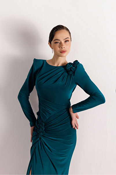 Kenzel Sırt Dekolteli Çiçek Detaylı Yırtmaçlı Balık Elbise