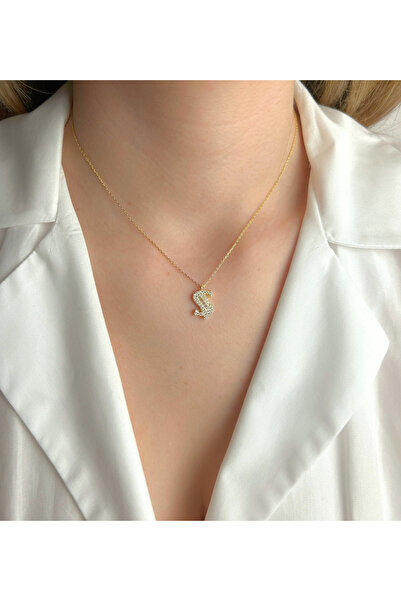 Şimal Silver 925 Ayar Gümüş Altın Kaplamalı Baget Taşlı - Ş - Harfi Kolye