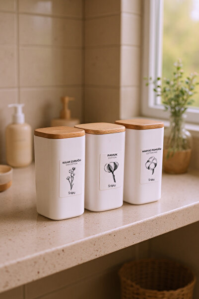 Snippy Luvo White - Organizator de baie din plastic cu capac de vid din lemn, pătrat, din 3 piese, cu etichetă