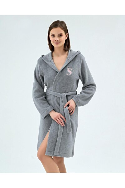 Sevim 17094 Gray Bowknot Hooded Fleece Short Robe