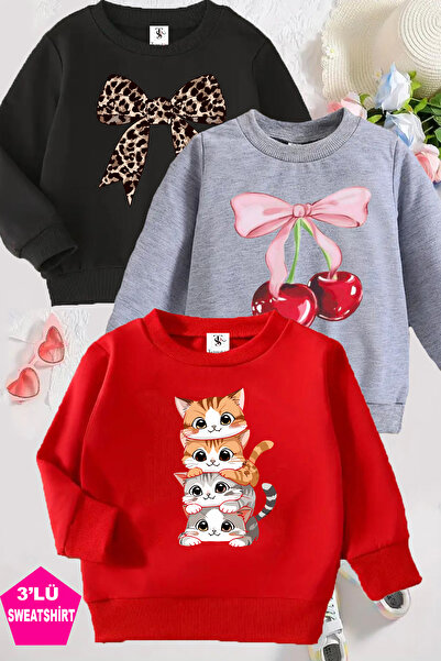 twins tailors İçi Polarlı Kedi Ve Kurdale Baskılı Siyah-Gri-Kırmızı Üçlü Bisiklet Yaka Kız Çocuk Sweatshirt