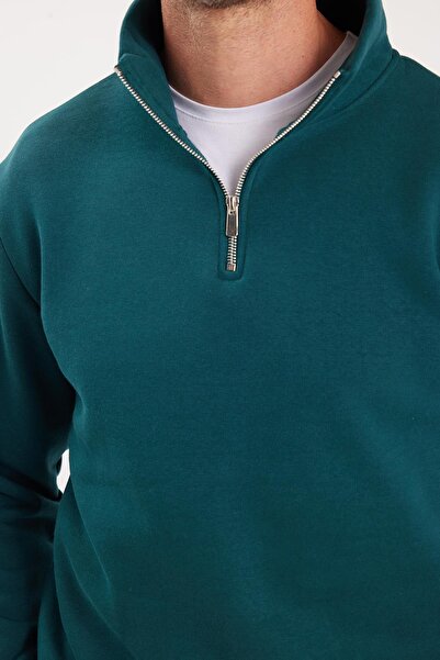 Tudors Φούτερ Unisex Relax Fit Άνετο Κομμένο Βαμβακερό Φλις με μισό φερμουάρ και πράσινο γιακά