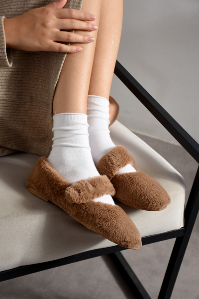 ZARICH Luna Rabbit Fur Elastic Non-Slip Sole Women's Ballet Slippers Home Slippers