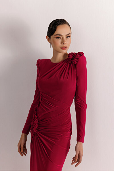 Kenzel Sırt Dekolteli Çiçek Detaylı Yırtmaçlı Balık Elbise