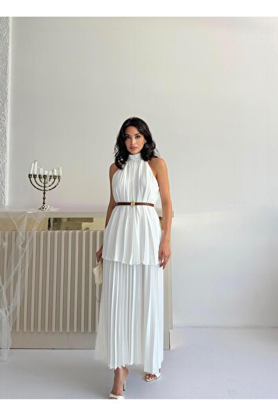 Serica Moda White Pleated Halter Neck Belted Dress