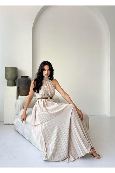 Serica Moda Beige Pleated Halter Neck Belted Dress