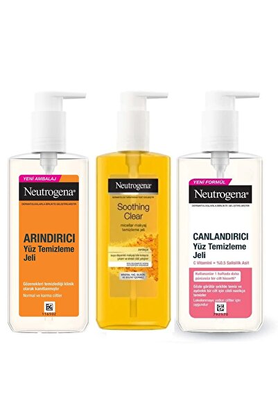 Neutrogena Arındırıcı Yüz Temizleyici,Soothing Clear Makyaj Temizleme, Canlandirici Yüz Temizleyici Jel - 3 set