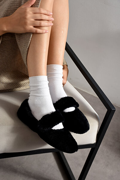 ZARICH Luna Tavşan Tüyü Lastikli Kaydırmaz Taban Kadın Babet Panduf Ev Terliği