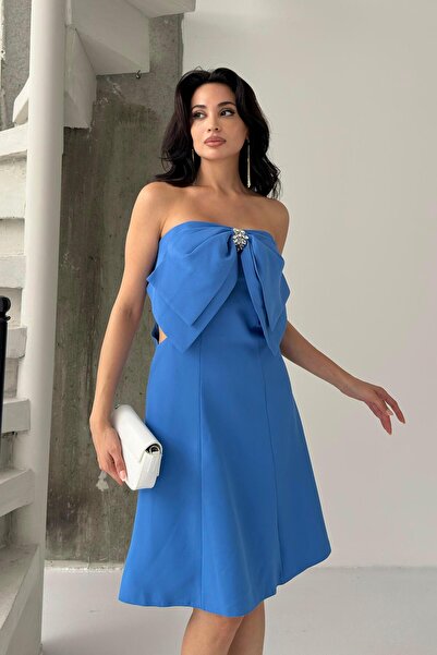 Serica Moda Blue Bow Detailed Mini Evening Dress