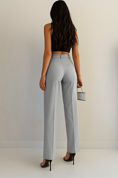 Deafox Gray High Waist Striped Zippered and Buttoned Crepe Fabric Trousers